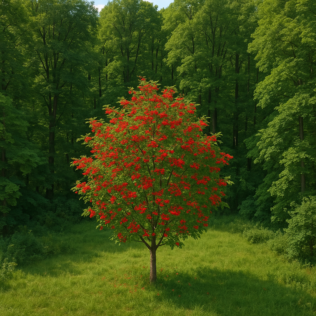 Native Irish tree with vibrant red autumn foliage in restored woodland clearing